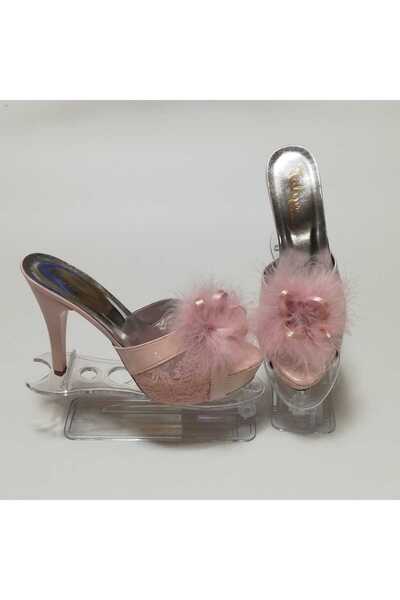 Tulips Exclusive Feather Luxe - Tüllü, Tüylü ve Taşlı Topuklu Kadın Terlik