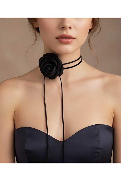 invictus design Kadın Siyah Saten Gül Choker
