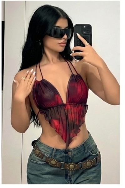 Modaley Giyim Women's Burgundy Transparent Drawstring Bustier Top
