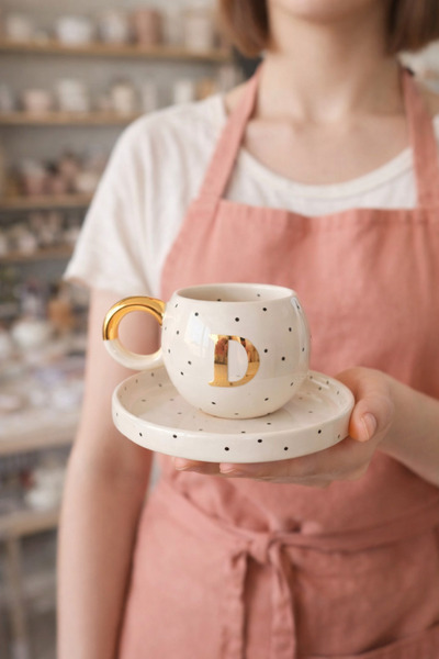 Mugtasarım 24k Gold Gilded Double Turkish Coffee Cup - Letter D -