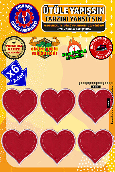 Embory Ütü ile Yapışan Arma Yama, Kırmızı Kalp (6 ADET) Ütüyle Yapışan Nakış ...