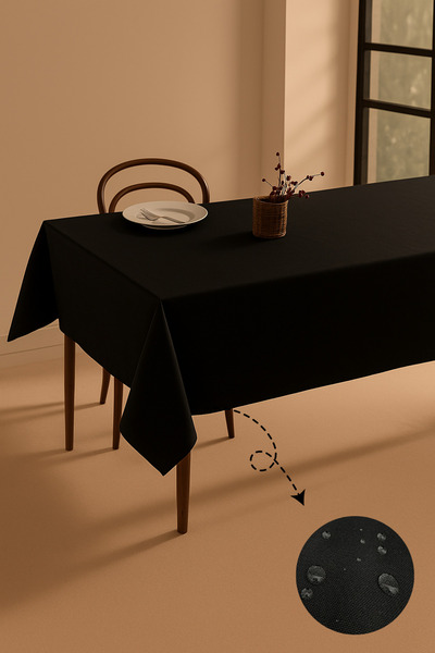 Soft Kare Panama Keteni Sıvı Geçirmez Siyah Renk Masa Örtüsü