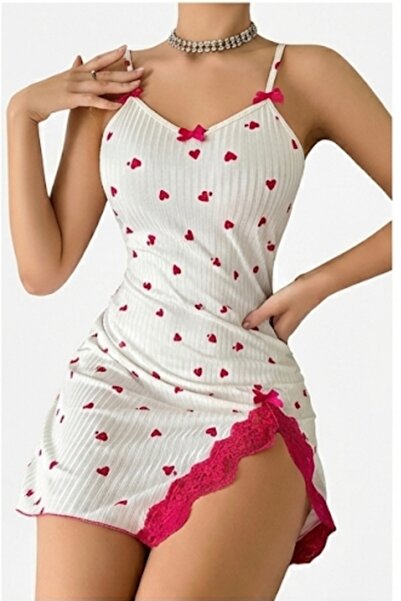 Modaley Giyim Women's White Heart Patterned Slit Lace Strap Nightgown