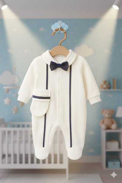 BiShop Papyonlu Askı Detaylı %100 Pamuk Erkek Bebek Tulum & Şapka Seti (0-3 Ay)