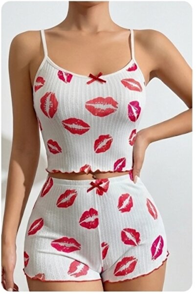 Pi Giyim Women's white lip patterned pajama set with shorts and straps