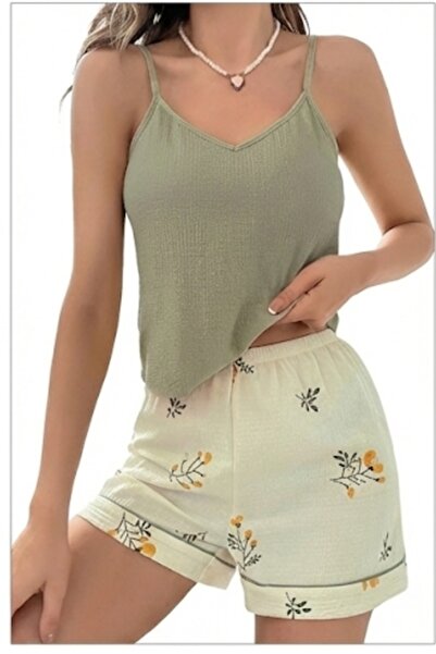 SİERNA Γυναικείο Σετ Πιτζάμες με Στάμπα Χακί Πράσινο Φύλλο με Σορτς με Ζαρτιέρες