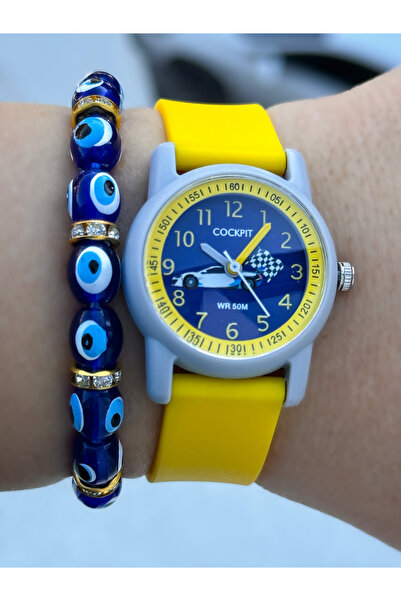 Cockpit Boy's Watch Bracelet - Brand, Number, Silicone Cord, Yellow