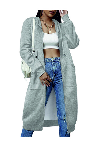 HOFFNUNG 3Iplik Daily Hooded Zip-Up Sweatshirt Solid Color Long Hoodie Dress