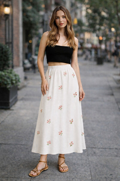 OYERGA MODA Women's Muslin Fabric Floral Patterned White Skirt