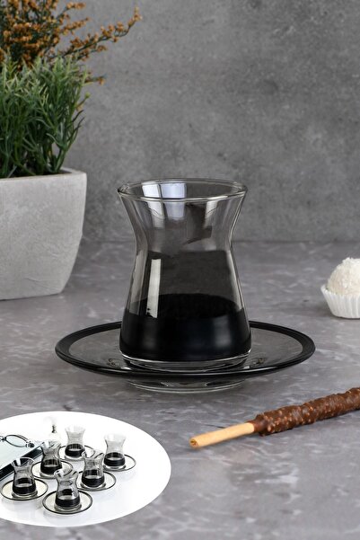 P H Panayır Home Paşabahçe Luxury Smoked Black Tea Set - 12 Piece Tea Glass Set