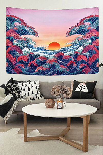 Nivendi Pembe ve Kırmızı Japon Dalgaları Kumaş Duvar Örtüsü Ev Dekorasyon Duv...