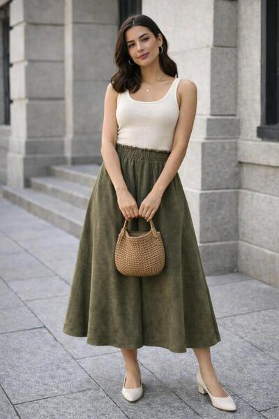 MG GİYİM STORE تنورة طويلة من الجلد المدبوغ بخصر مطاطي للنساء - تصميم مريح وأنيق