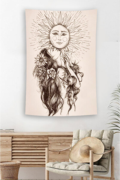 Nivendi Güneş ve Çiçekli Kadın İllüstrasyon Kumaş Duvar Örtüsü Ev Dekorasyon ...