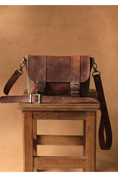 Önal kemer Hakiki deri ve kanvas postacı çantası unisex taba