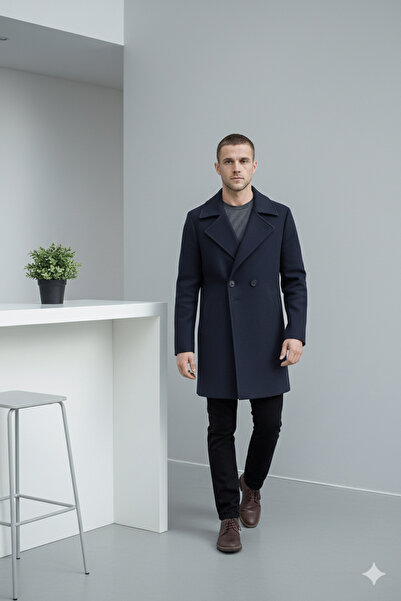 A&O Style Men's Navy Blue Premium Oversized Button Detailed Double-Breasted C...