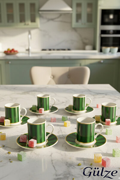 GÜLZE 6 Kişilik (12 Parça) ZÜMRÜT Model Özel tasarım Lüks Kahve Fincan Takımı...