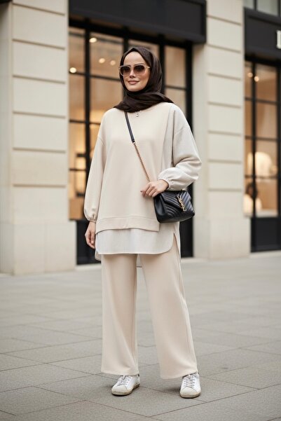 Aselim Hijap Moda Women's Hijab Set Line Double Shirt Set Vanilla Color