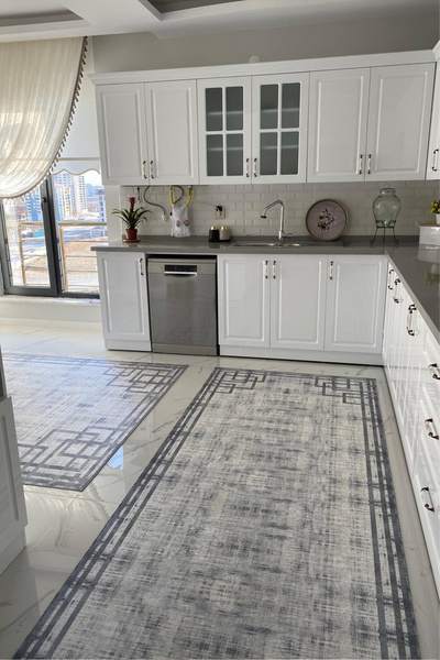 CENTER AVM Gri Halı Leke Tutmaz Mutfak Halısı Makinede Yıkanabilir Kaymaz Tab...