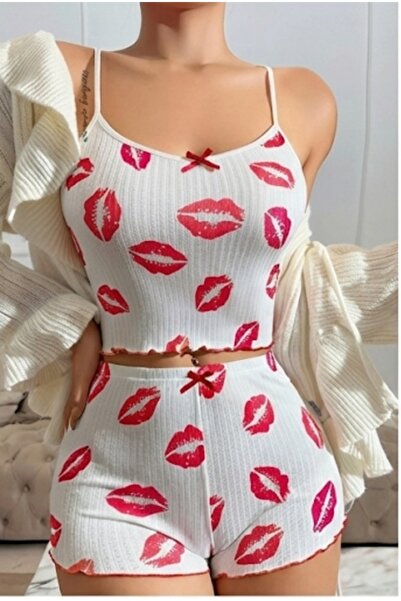 Modaley Giyim Women's white lip patterned pajama set with shorts and straps