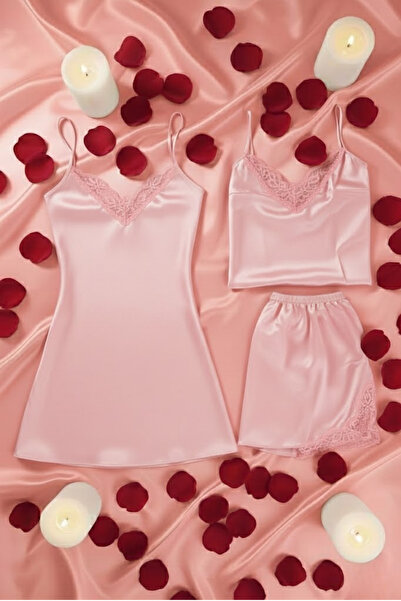 ZENCHES Saten Şortlu Takım Saten Gecelik Saten 3'lü Çeyiz Seti