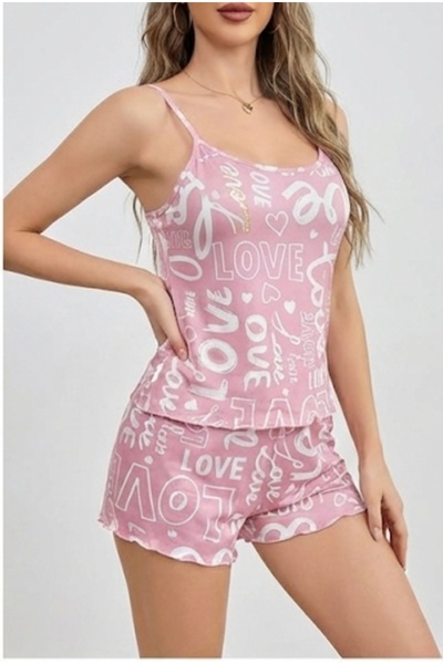 SİERNA Γυναικείο Σετ Πιτζάμες με Στάμπα Ροζ Αγάπη με Σορτς με Ζαρτιέρες