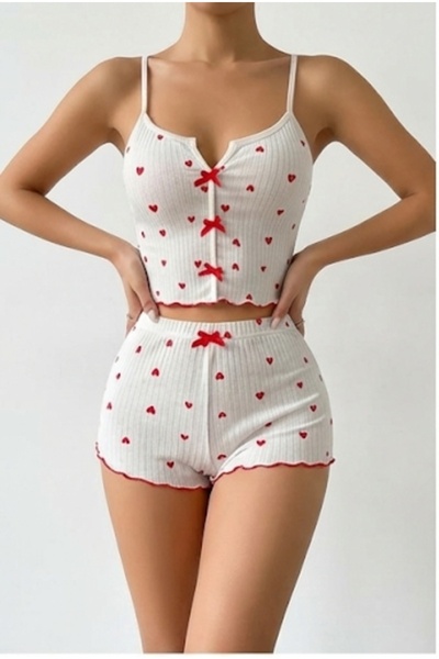 SİERNA Γυναικείο νυχτικό με λουράκια με λευκό σχέδιο καρδιάς