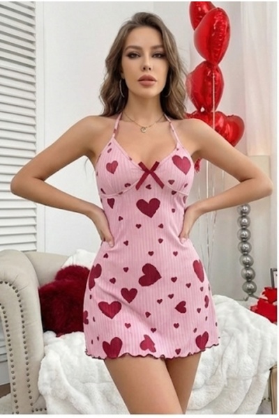 MODA YILDIZ Γυναικείο νυχτικό από βαμβακερό λουράκι με ροζ σχέδιο καρδιάς