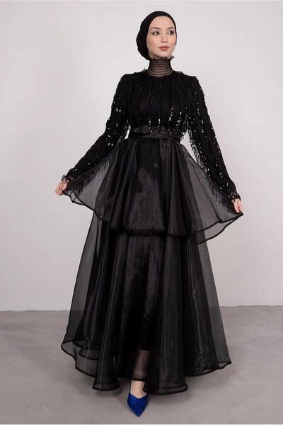 TRENDTESETTÜR KADIN SİYAH PUL PAYETLİ ETEĞİ KATLI ORGANZE ABİYE ELBİSE T 2547
