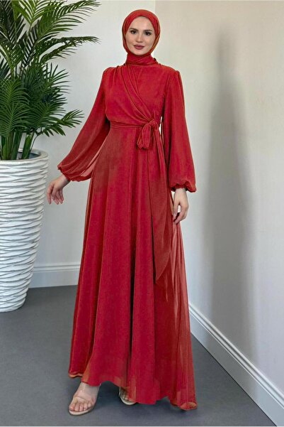 TRENDTESETTÜR KADIN KIRMIZI BAĞLAMA DETAYLI ABİYE ELBİSE T 9126