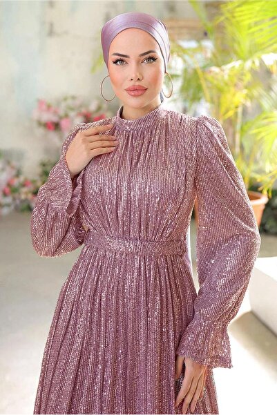 TRENDTESETTÜR KADIN PUDRA (K.PUDRA) PUL PAYETLİ ABİYE ELBİSE T 6944