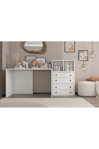 Nettrends Eva 8 Çekmeceli 2 Raflı Özel Tasarım Modern Beyaz Makyaj Masası HVV...