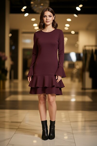 Mossta Испанска мини рокля от креп с набрани ръкави - бордо