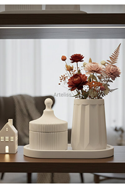 Arteliss Sunum Tepsili Kapaklı Organizer Kavanoz Mini Şeritli Vazo Seti | İsk...