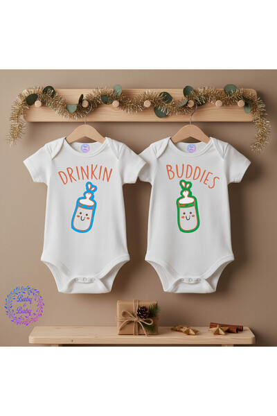 Baby&Baby بدلة أطفال توأم قصيرة الأكمام من درينكين بوديز مع هدية