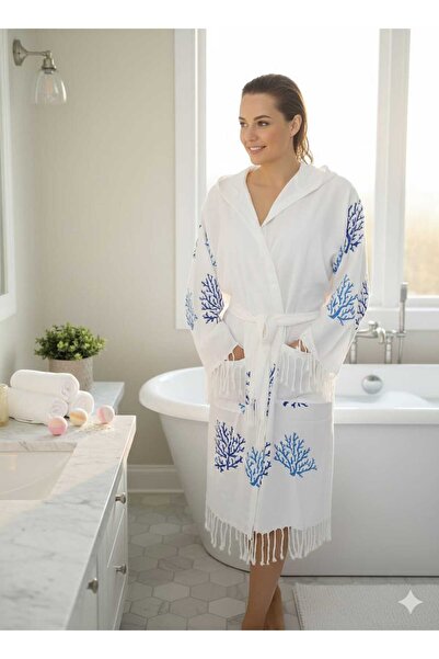 Nevin Acar Μπουρνούζι Peshtemal από μπαμπού με κουκούλα μπλε κοραλί