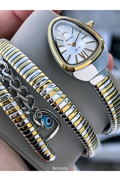 Ferrucci Kadın Yılan Saat, Hediyelik Kutuda, Çelik Kordon, Sarı-Gümüş Renk, B...