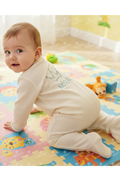 bebegen Erkek Bebek Ekru Mavi Nakışlı İsimli İsme Özel Tulum