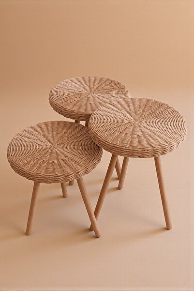 Joujou Rattan Rustik Yuvarlak 3'lü Sehpa Seti– 35 cm Çap | El Yapımı Doğal Ör...