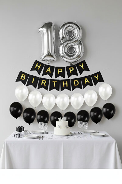Deniz Party Store 18 Yaş Gümüş Folyo Balon Happy Bırthday Yazı Seti Balonlu