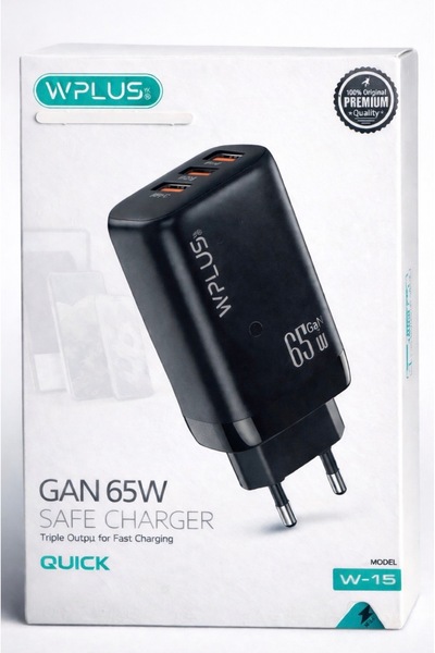 Wplus Hızlı Şarj Adaptörü W-15 GaN 65W – 3 Portlu 2×USB-C + 1×USB-A PD & QC D...