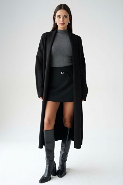 LOOSH Kadın Siyah Şal Yaka Uzun Triko Hırka