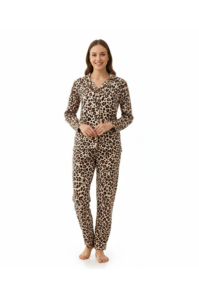 Sude Kadın Pijama Takımı Süet Düğmeli Uzun Kol