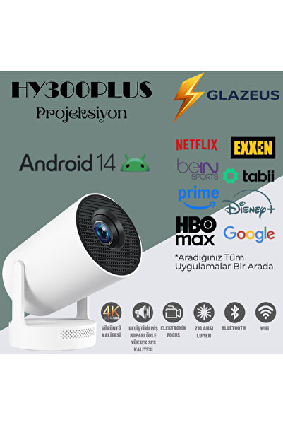 Glazeus HY300PLUS Akıllı Projektör, Yeni H726 Çip, Android 14, Yeni Hoparlör,...