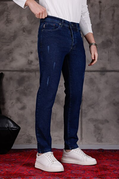 MODAMESTO بنطال جينز ليزر بقصة ضيقة من الليكرا باللون الأزرق الداكن للرجال