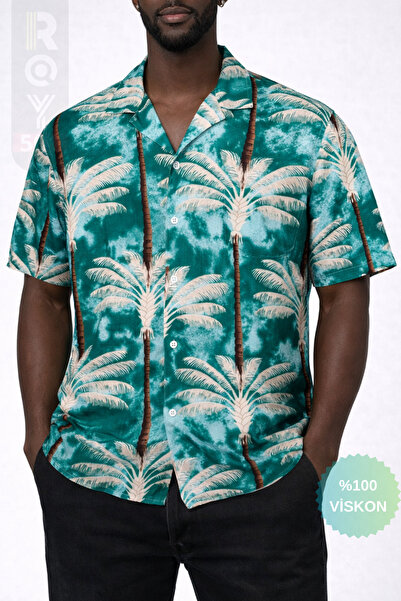 ROY501 Men's Short Sleeve Shirt New Palm Pattern Short Sleeve Shirt Summer Sh...