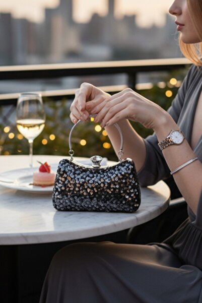 Classbag Pul Payetli Siyah Kolçak Ve Zincir Askılı Kadın Clutch Abiye Çanta