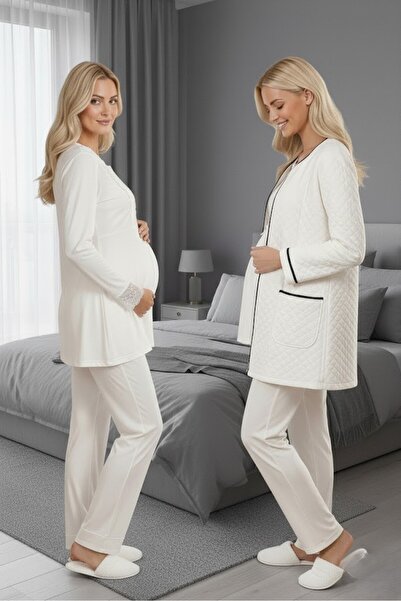 Lohusa Homewear Ecru Stylish Quilted Long Sleeve Lace Pocket Detailed Materni...