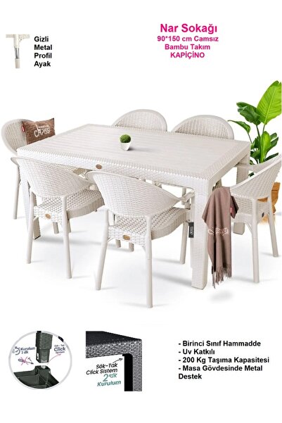 nar sokağı Bambu Kapiçino 90x150 Cm Camsız Rattan Bahçe Balkon Masa Takımı