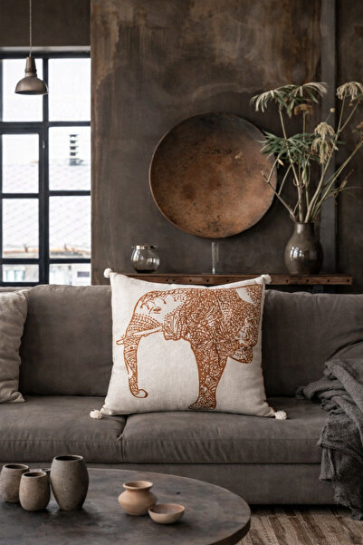 Alacastore Ecru Ground Etnic Maro Elefant Imprimat Pernă Decorativă Husă de P...