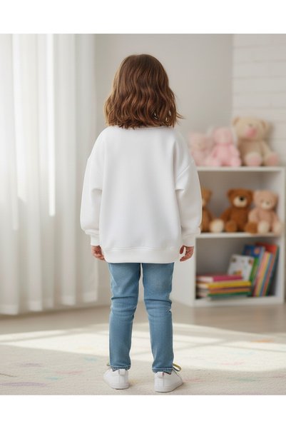 nk kids Kız Çocuk Ekru Snow Temalı 3 İplik Şardonsuz Sweatshirt